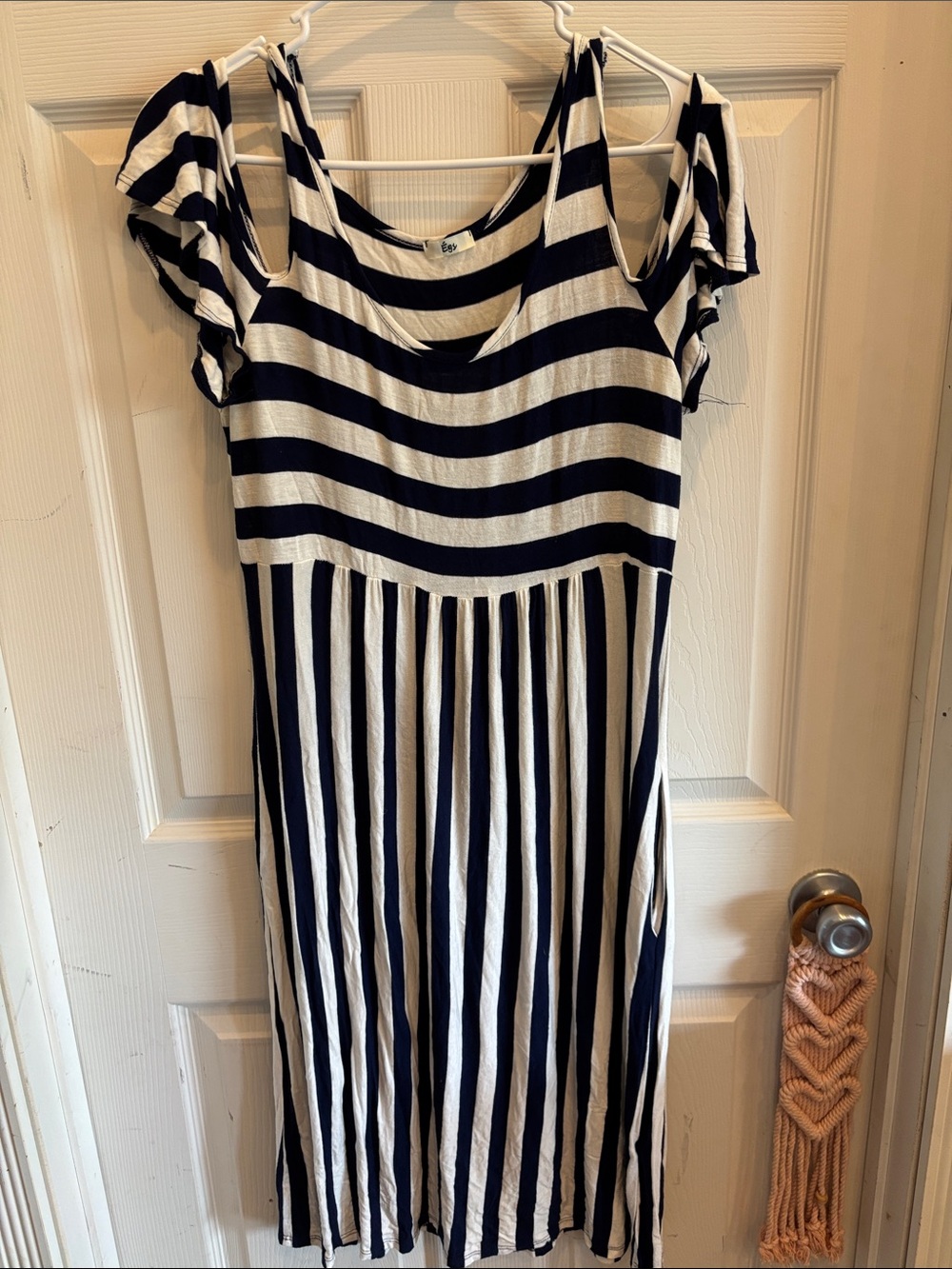 Egy Navy Striped Open Shoulder Dress